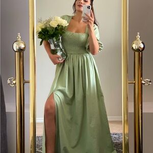 Shirred Puff Sleeve Maxi Slit Dress